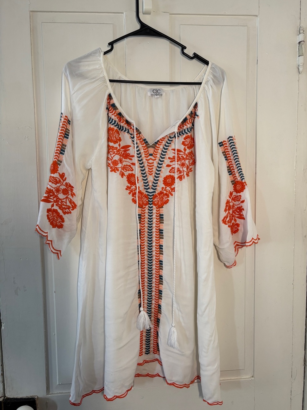Chic Connection White Boho Coastal Peasent Tunic Dress with Orange Embroidery
